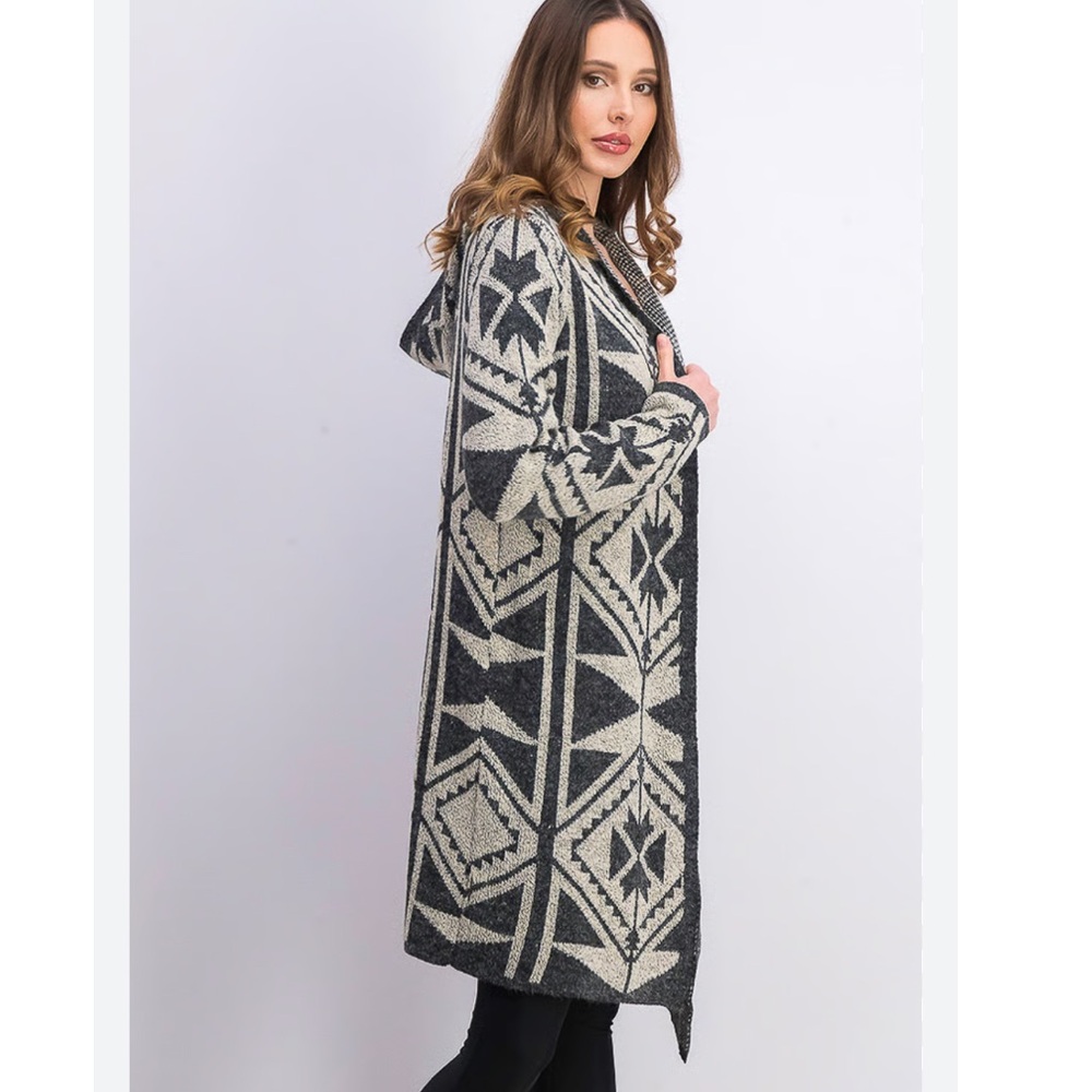 Coatigan Emory Park Ailani Hooded Geometric Print Long Cardigan Large L warm